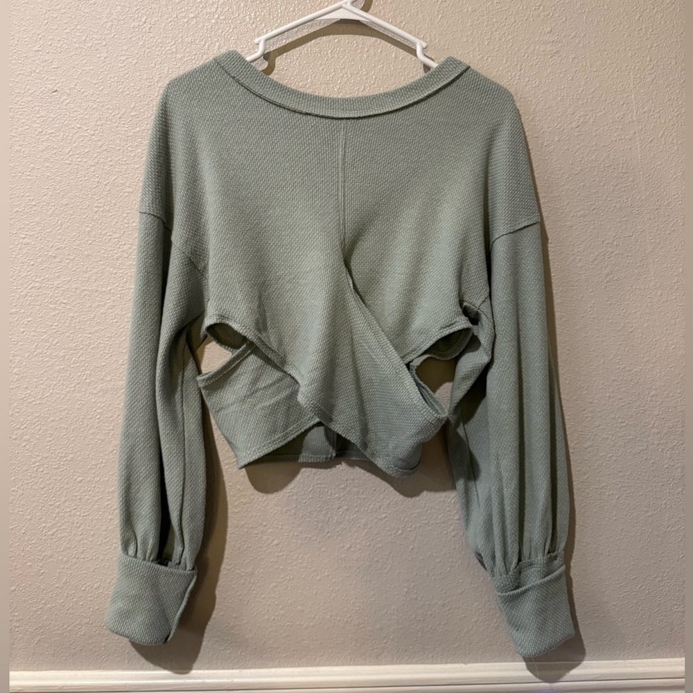 We The Free By Free People Sage Green Cut-Out Crewneck Sweatshirt